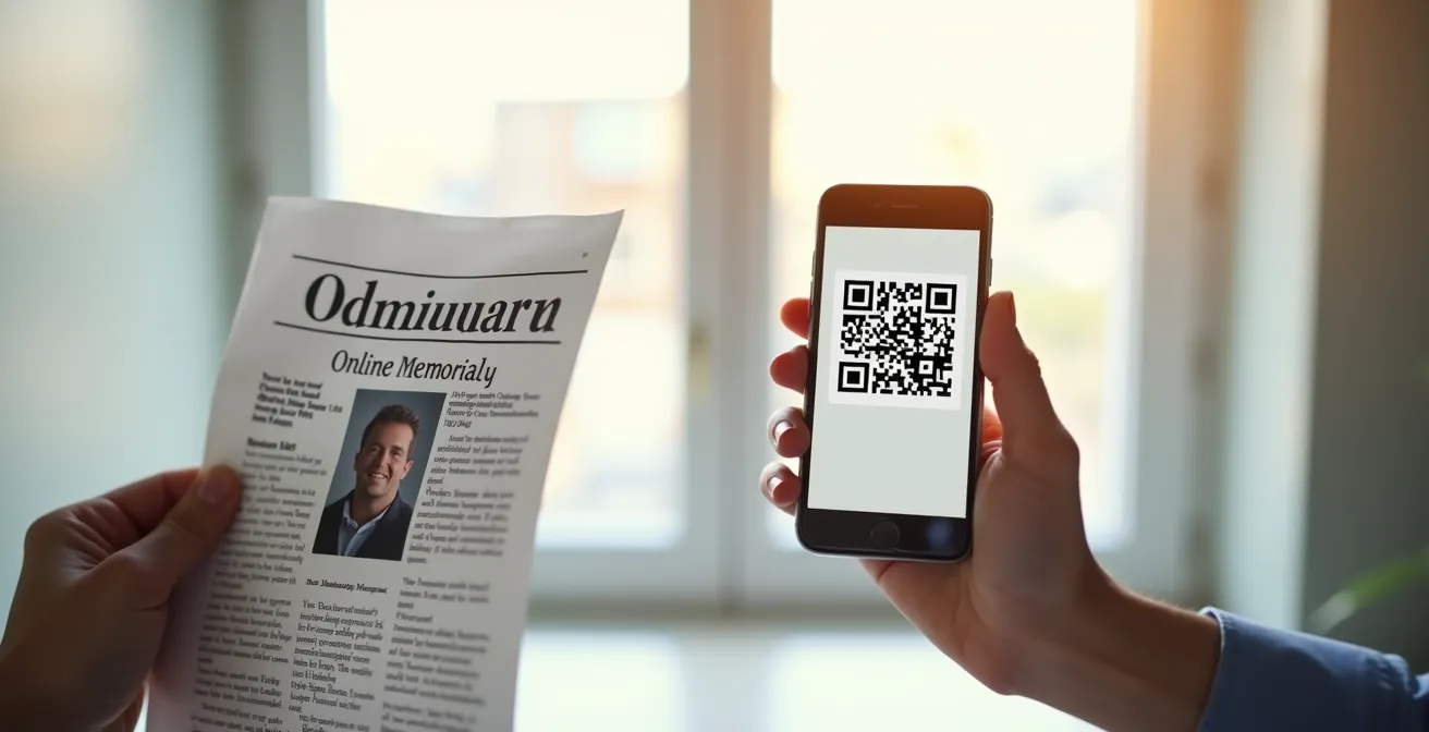Illustration représentant la publication d'un avis de décès sur plusieurs supports : journal papier, smartphone affichant un site de mémoire en ligne, et un QR code visible.