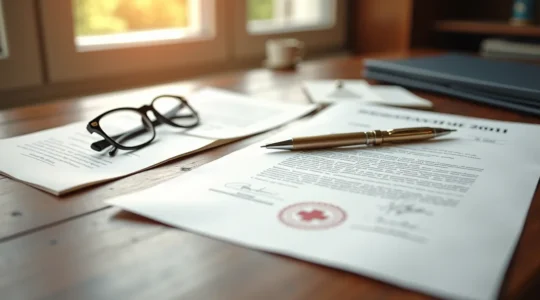 Documents officiels de décès posés sur un bureau avec stylo, symbolisant les démarches administratives essentielles