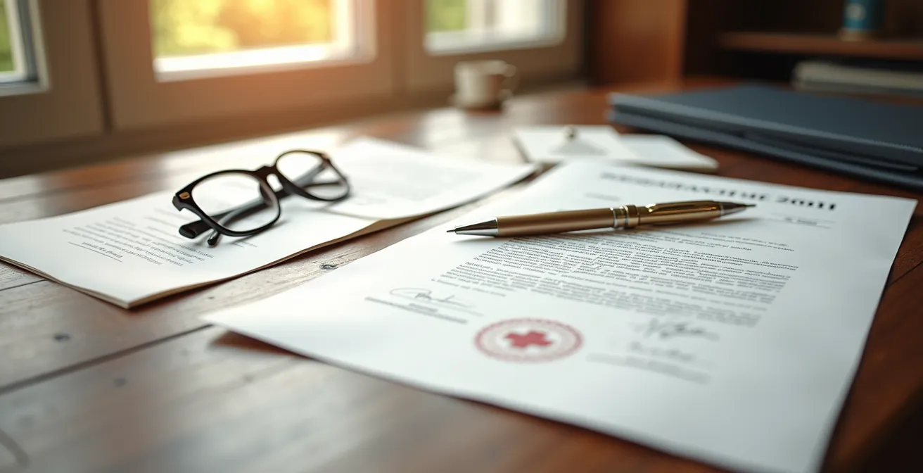 Documents officiels de décès posés sur un bureau avec stylo, symbolisant les démarches administratives essentielles