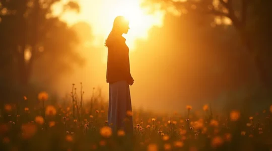 Une personne en deuil dans un paysage doux et apaisant symbolisant la compassion et l'espoir