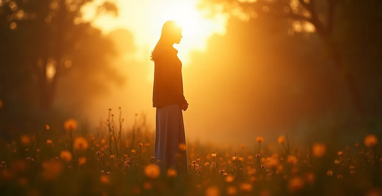 Une personne en deuil dans un paysage doux et apaisant symbolisant la compassion et l'espoir