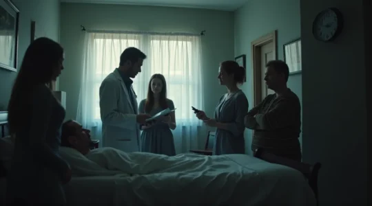 Image symbolique représentant le protocole des trois premières heures après un constat de décès, avec un médecin, une horloge et des protagonistes entourant un lit