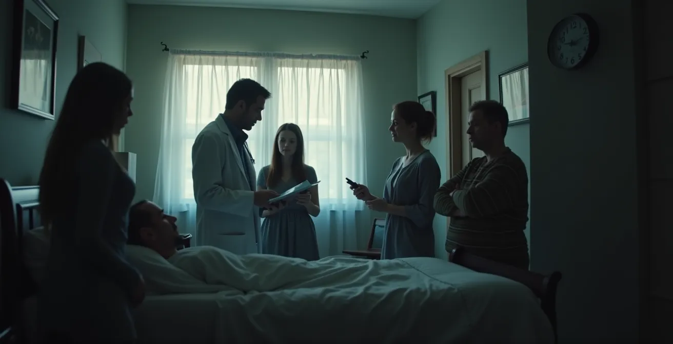 Image symbolique représentant le protocole des trois premières heures après un constat de décès, avec un médecin, une horloge et des protagonistes entourant un lit