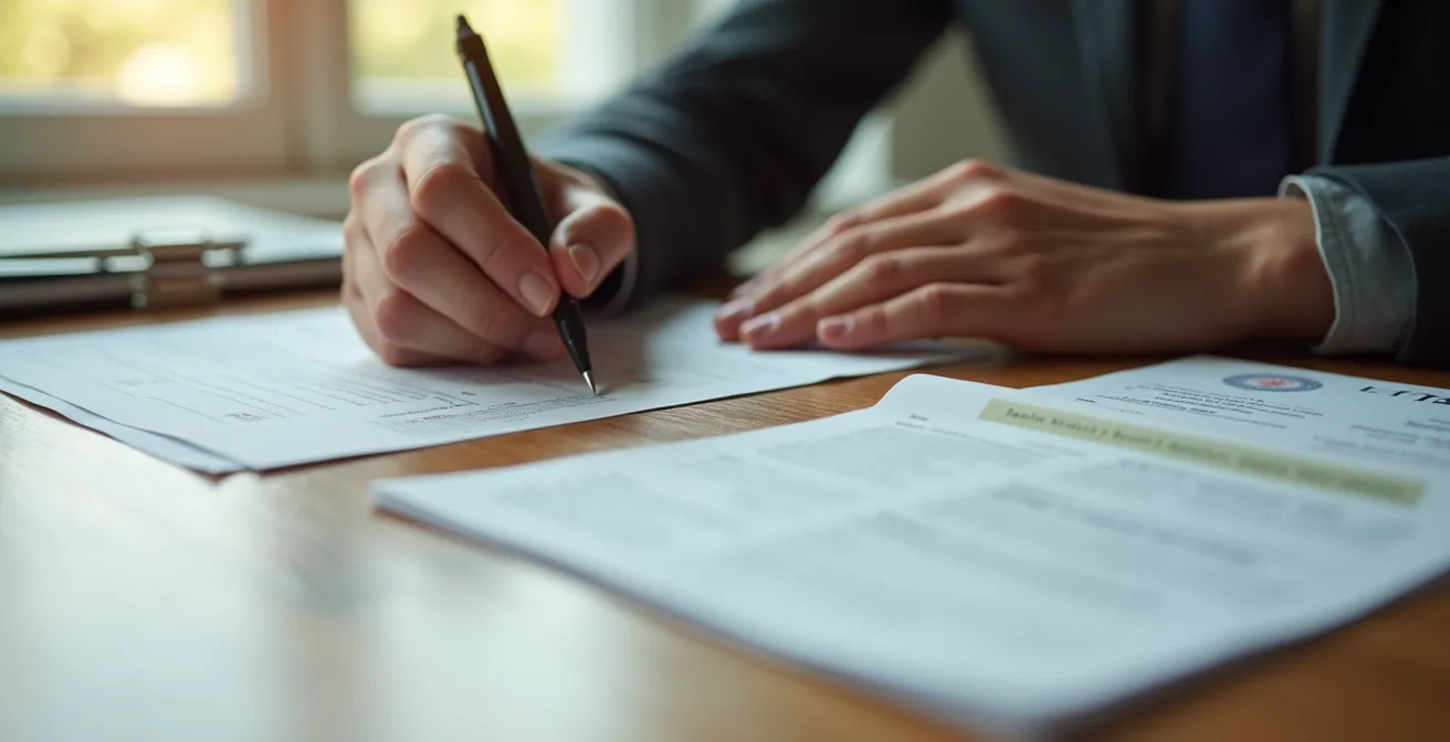 Photographie réaliste montrant des documents officiels requis pour la déclaration de décès posés sur un bureau en bois