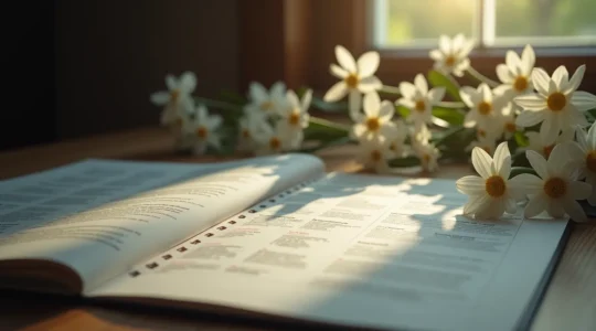 Image symbolique représentant un calendrier et des documents officiels entourés de fleurs de deuil pour illustrer les démarches après un décès