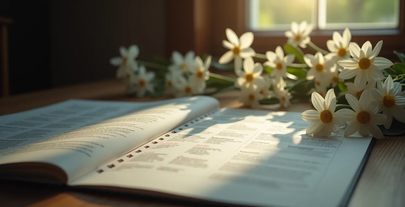 Image symbolique représentant un calendrier et des documents officiels entourés de fleurs de deuil pour illustrer les démarches après un décès