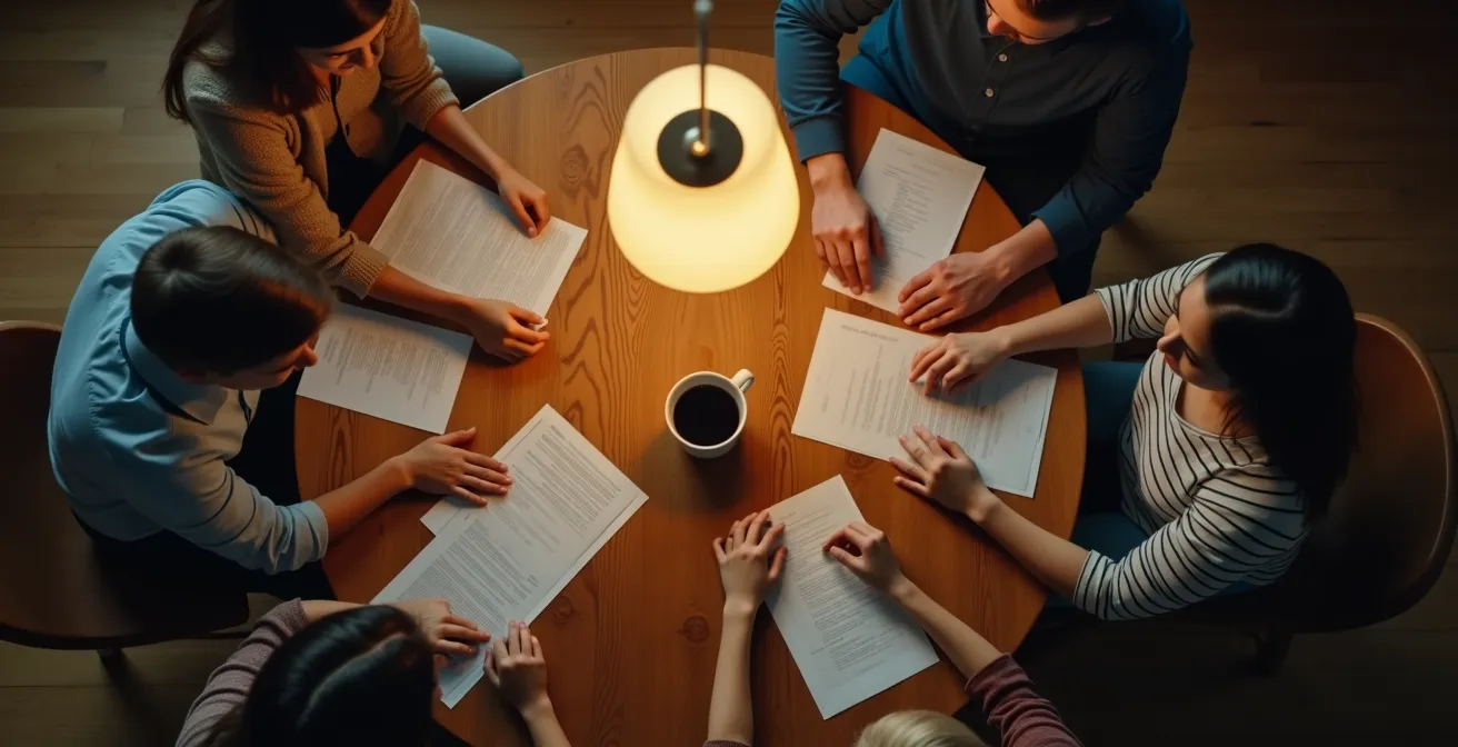 Une famille réunie autour d'une table pour discuter et organiser ensemble les obsèques d'un proche dans une atmosphère de soutien mutuel