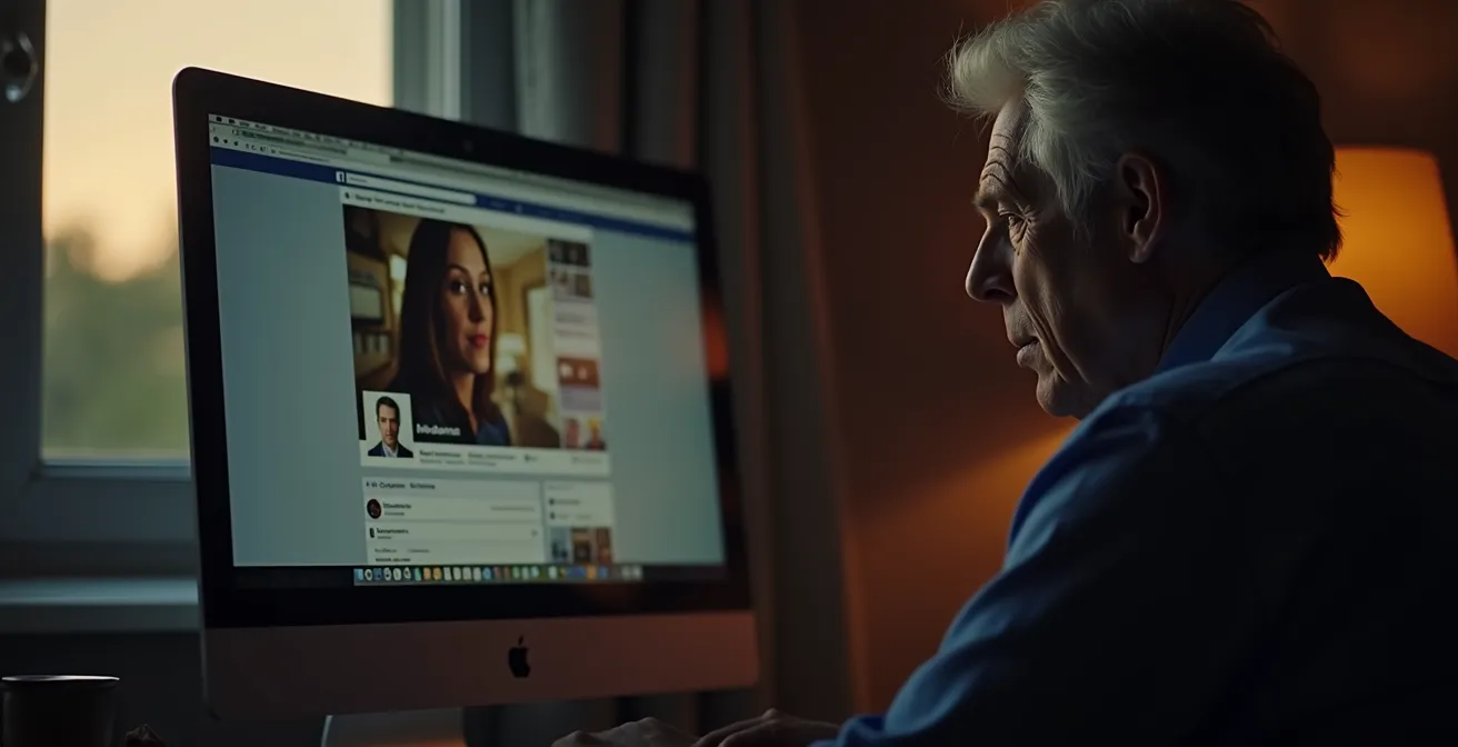 Scène symbolisant la gestion réfléchie d’une annonce de décès sur Facebook, avec une personne consultant un profil en mode commémoratif sur un écran d'ordinateur dans un environnement paisible.