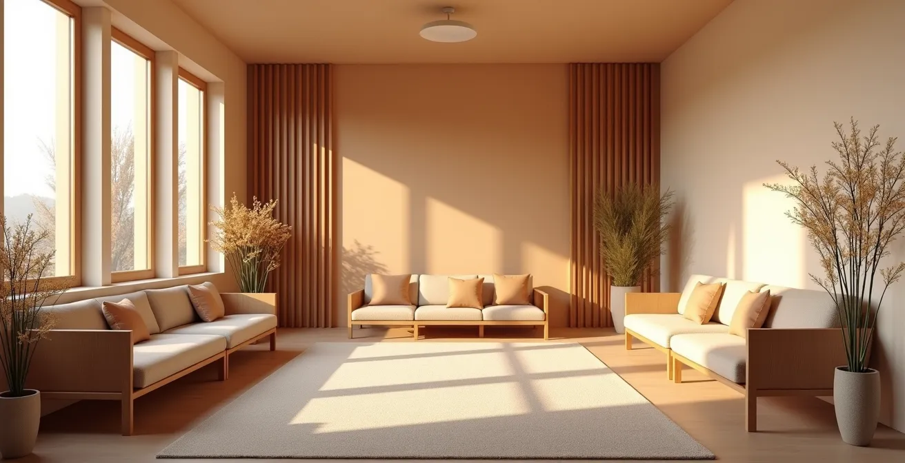 Intérieur chaleureux d'une chambre funéraire avec lumière douce et éléments naturels