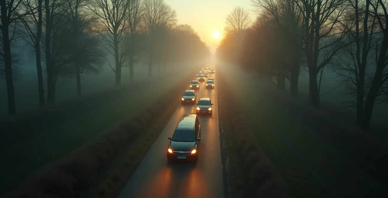 Vue aérienne stylisée d'un cortège funéraire organisé avec corbillard et voitures de suite sur une route bordée d'arbres