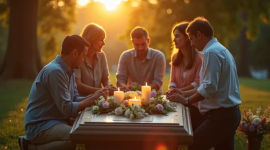 Une cérémonie funéraire symbolique et élégante reflétant la personnalité du défunt, avec une ambiance sereine et sobre