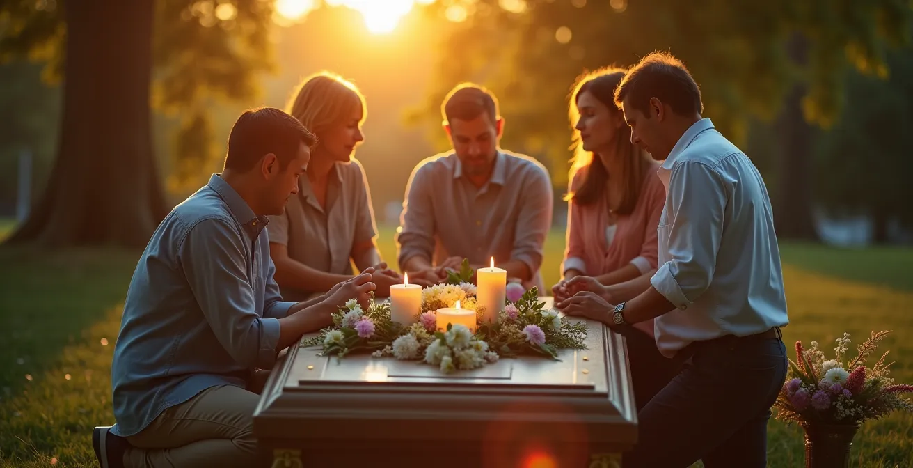 Une cérémonie funéraire symbolique et élégante reflétant la personnalité du défunt, avec une ambiance sereine et sobre