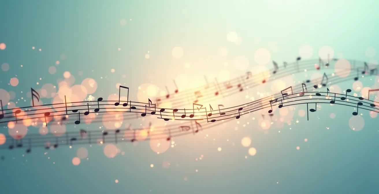 Une illustration artistique montrant une playlist musicale organisée par émotions, avec des notes et symboles musicaux doux et apaisants