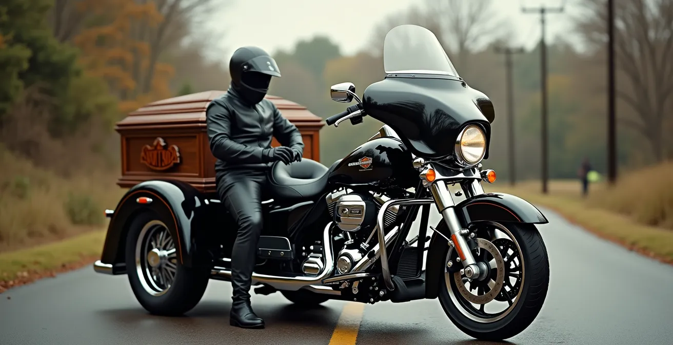 Side-car Harley-Davidson aménagé en corbillard funéraire avec cercueil personnalisé et détails techniques visibles