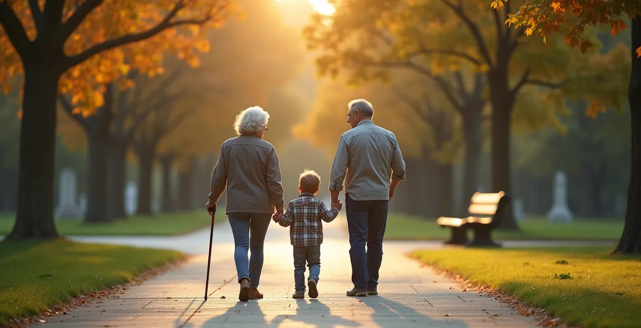 Vue large d'une famille trois générations marchant ensemble dans une allée pavée de cimetière bordée d'arbres