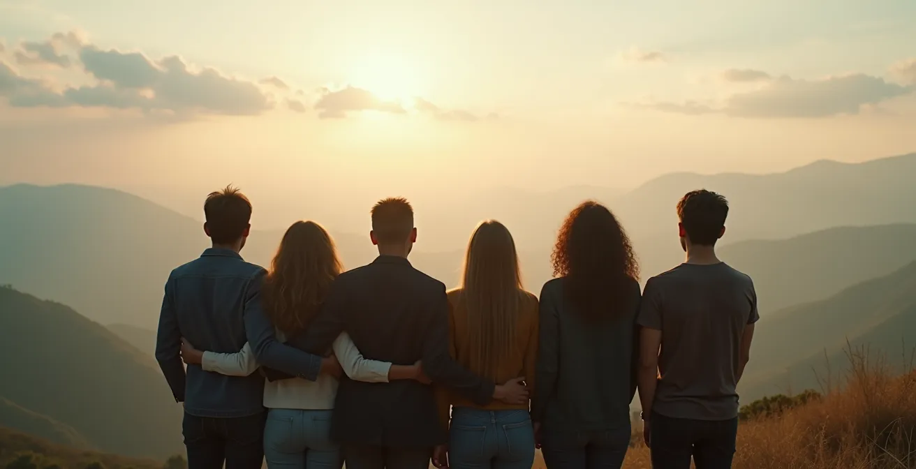 Groupe d'amis se tenant par les épaules face à un paysage naturel apaisant