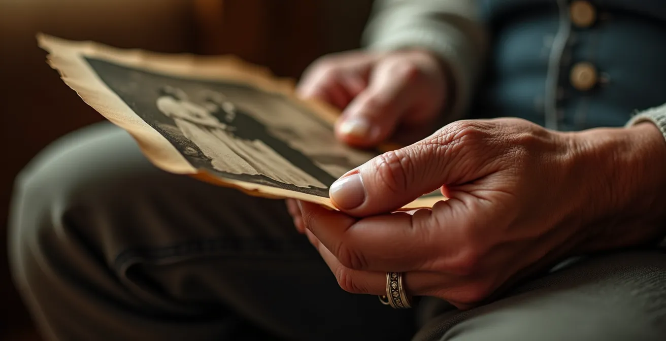 Mains tenant délicatement une photographie ancienne lors d'un moment de recueillement