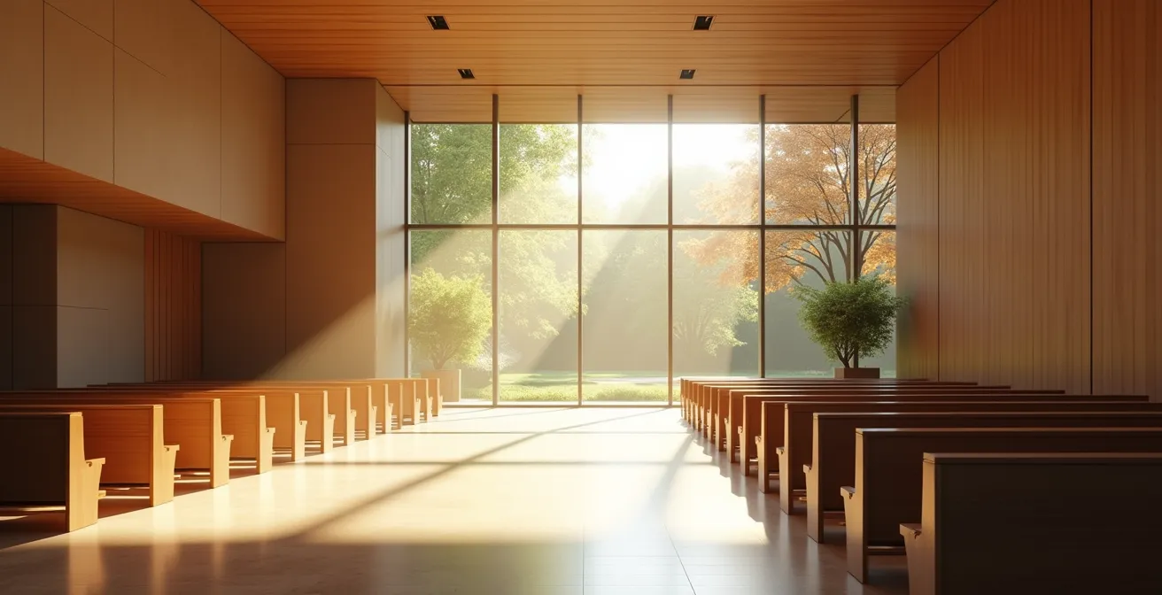Intérieur lumineux d'un crématorium moderne avec architecture épurée et vue sur la nature