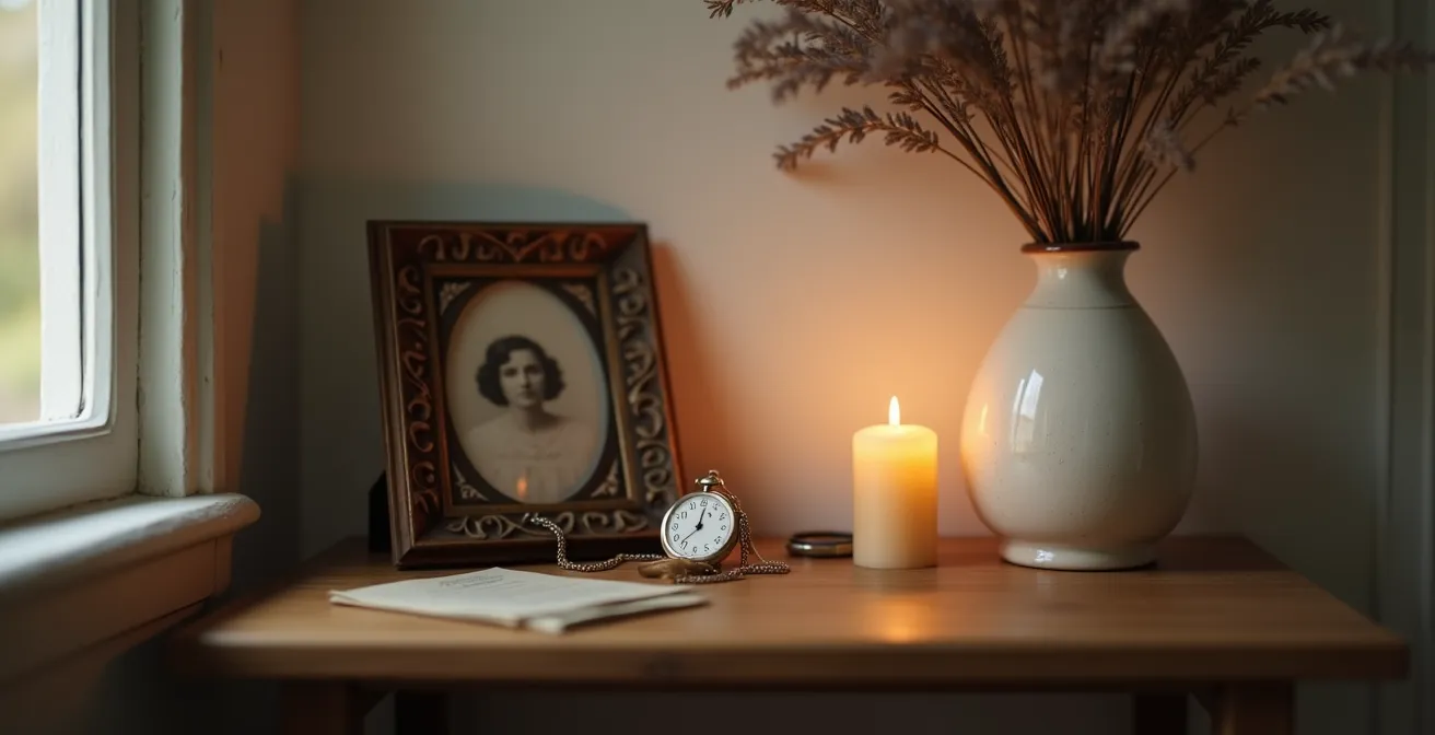 Coin mémoriel intime dans un salon avec objets personnels et photographie ancienne éclairés par une lumière naturelle douce