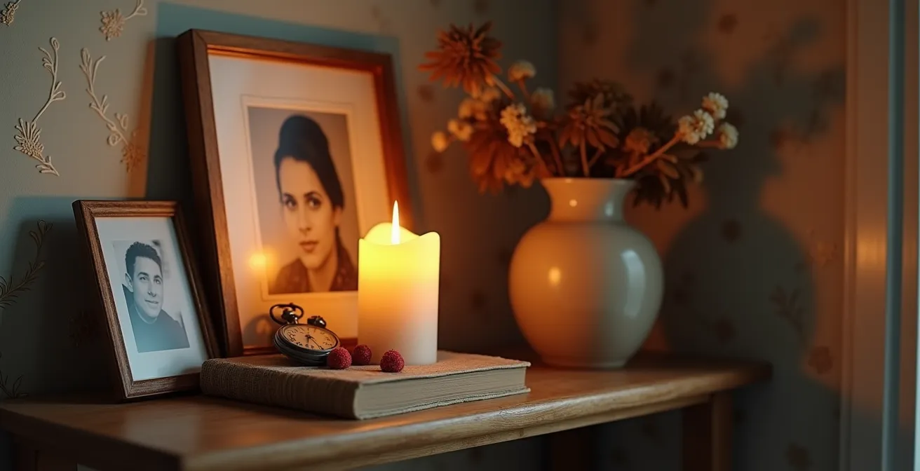 Espace mémoriel domestique français avec vitrine d'objets personnels, photos encadrées et bougie allumée, sans urne funéraire