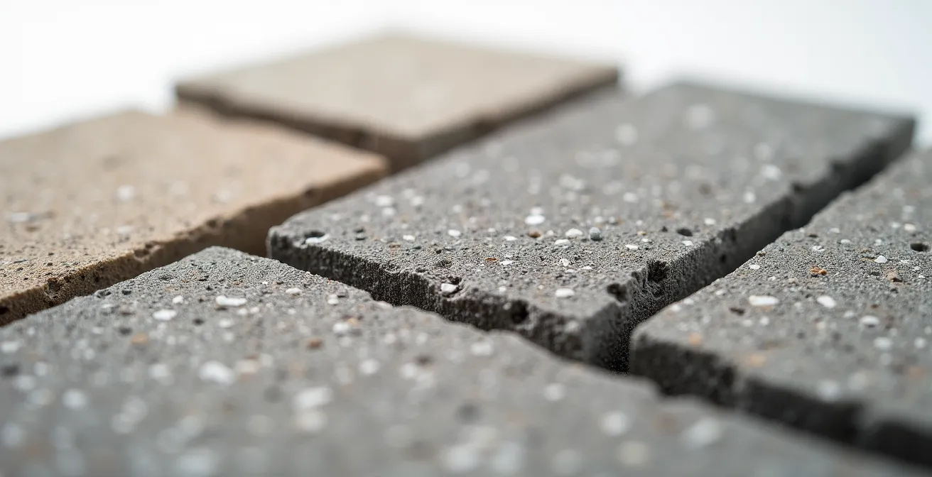 Échantillons de béton montrant différentes classes de résistance et textures pour caveaux funéraires