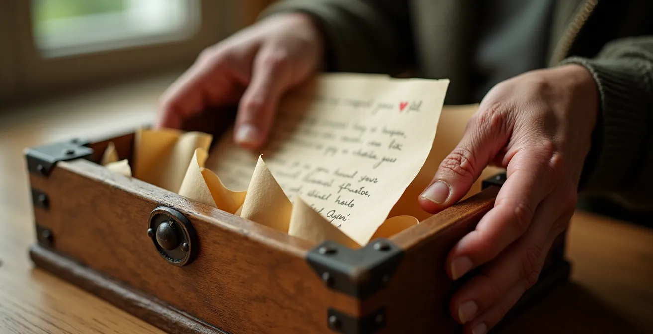 Mains piochant dans une boîte à anecdotes lors d'une cérémonie du souvenir