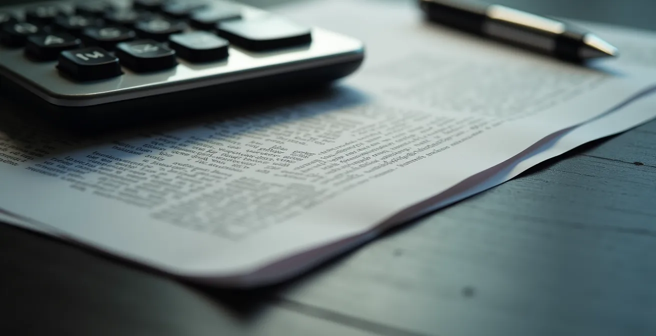 Vue macro d'une calculatrice et de documents financiers flous sur un bureau en bois