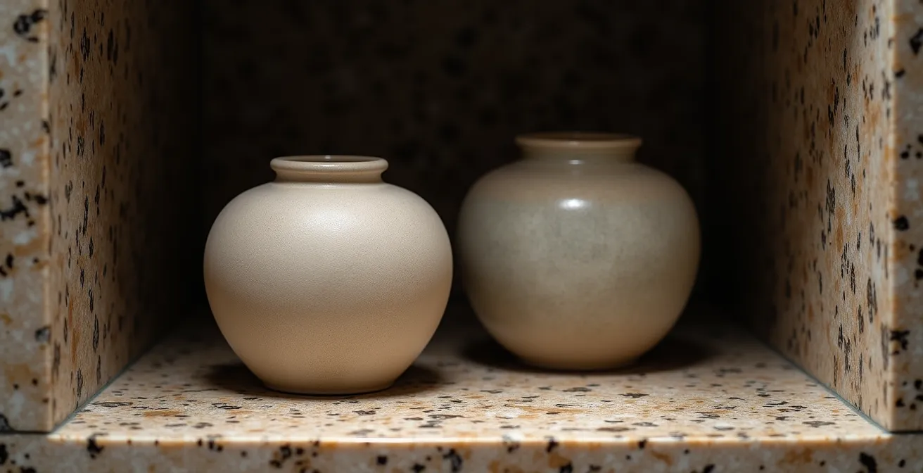 Vue intérieure d'une cavurne contenant deux urnes funéraires