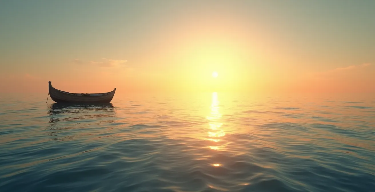 Vue large d'un horizon marin au coucher du soleil avec un bateau en silhouette