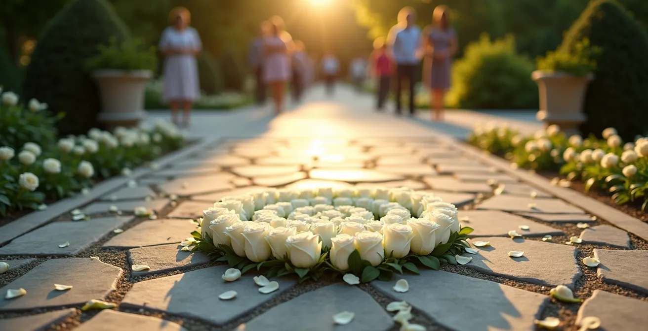 Vue d'ensemble d'une cérémonie laïque dans un jardin du souvenir avec arrangement floral personnalisé