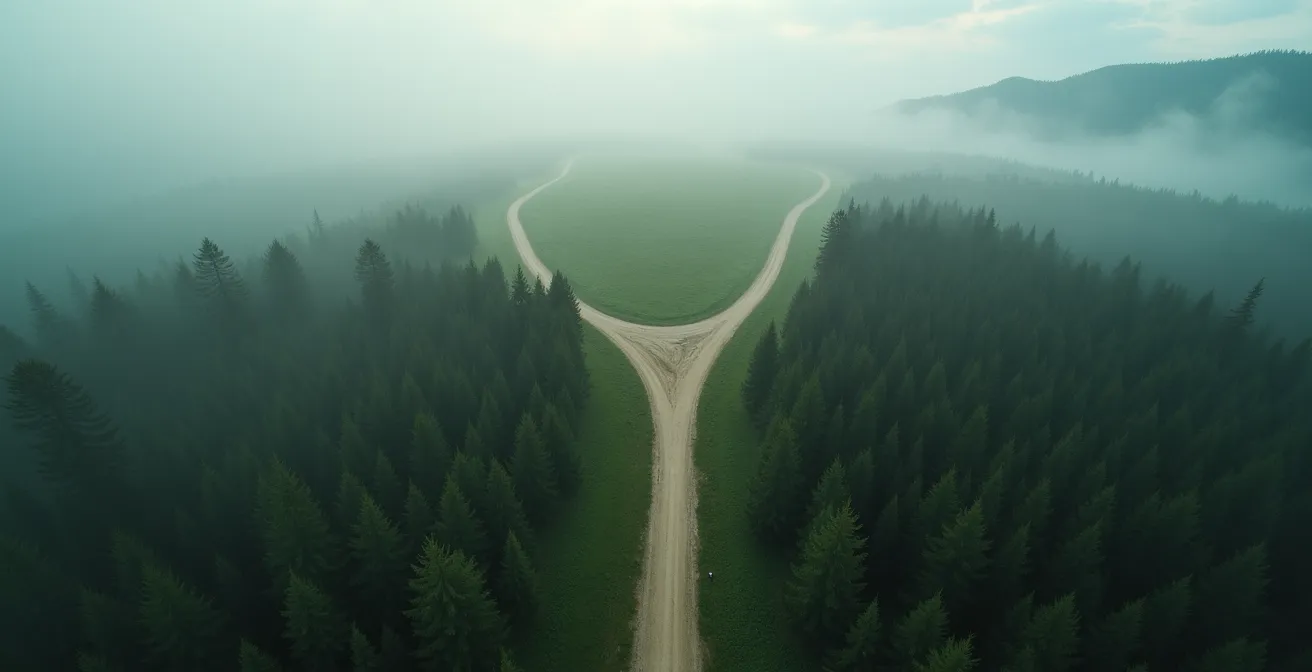 Vue aérienne contemplative d'un sentier forestier se divisant en trois chemins