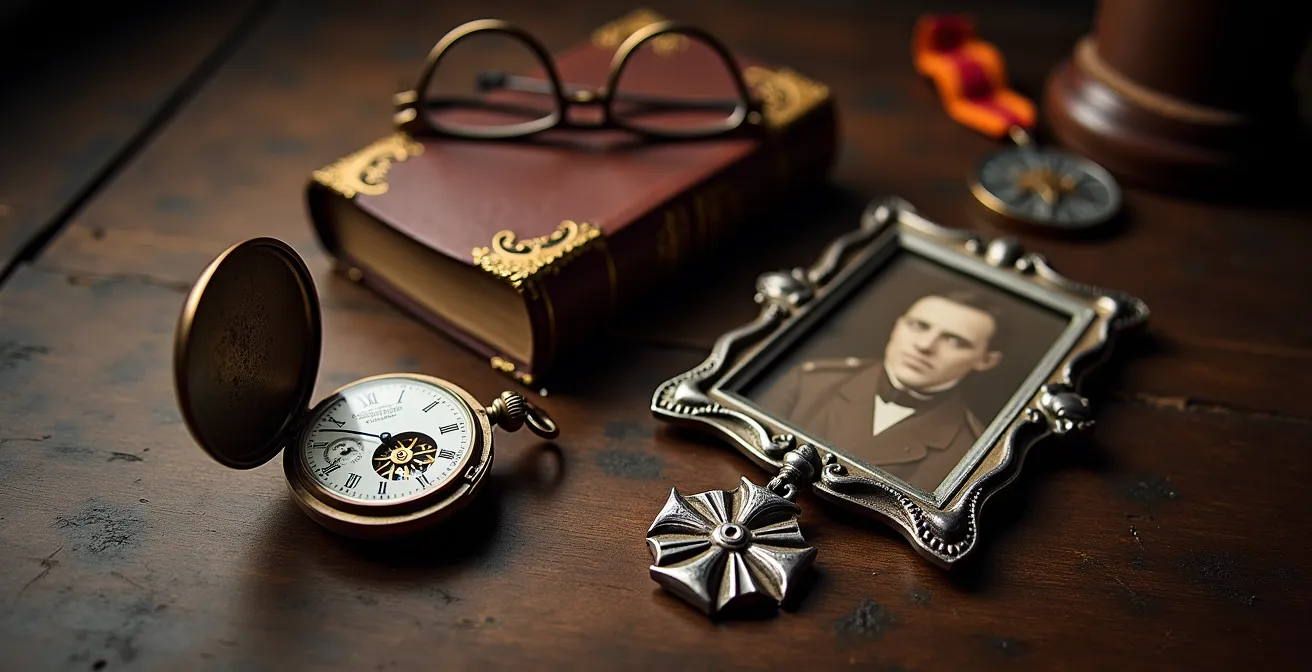 Cinq objets personnels disposés sur une table en bois : montre ancienne, livre relié, lunettes vintage, médaille militaire et photographie sépia