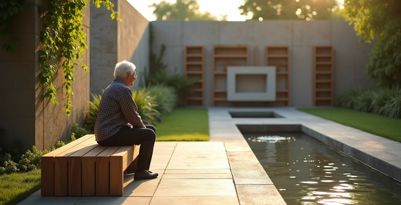 Columbarium contemporain intégré dans un environnement paysager avec végétation et bancs