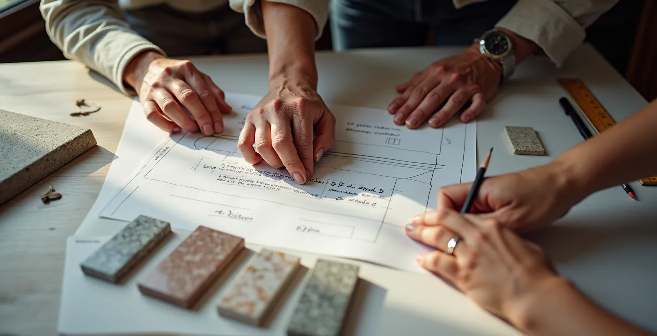 Processus de création d'un monument funéraire avec croquis et échantillons de pierre