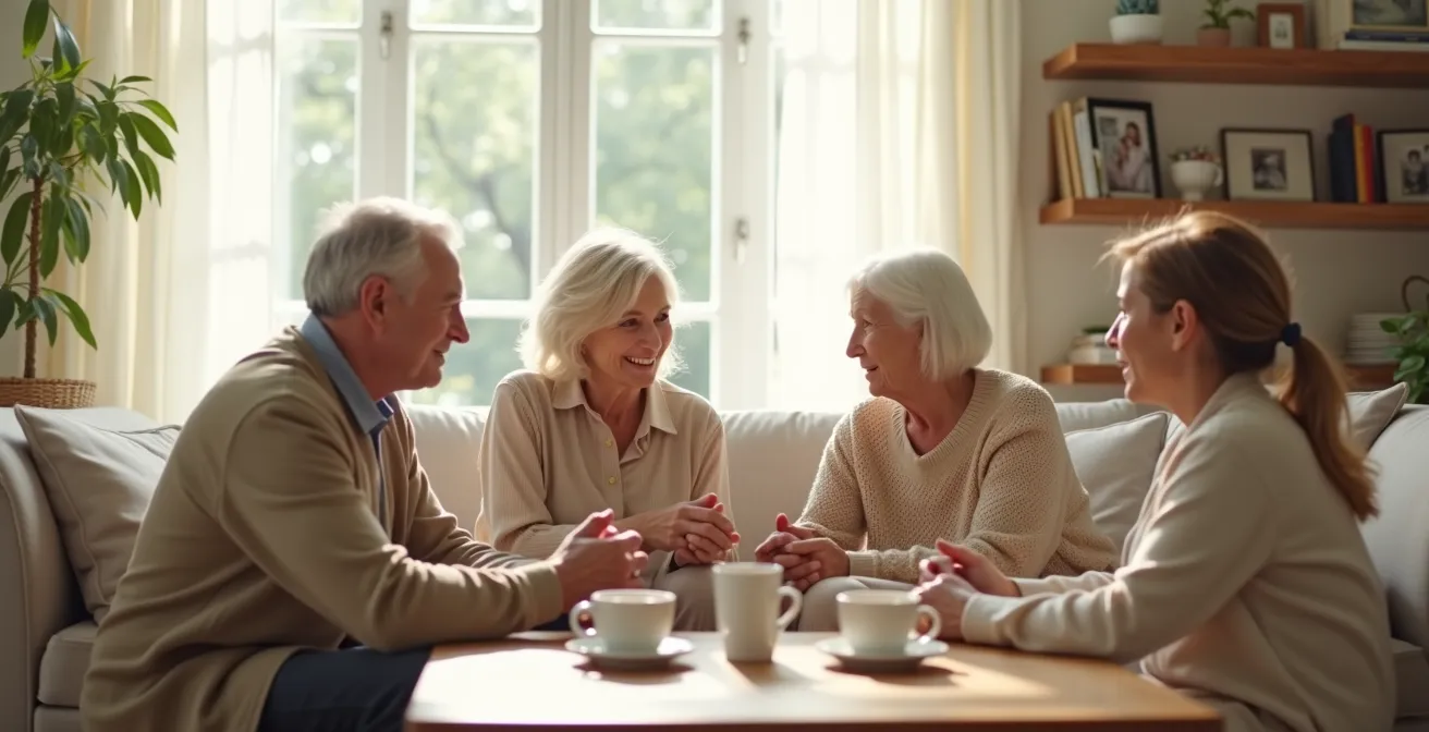 Famille multigénérationnelle en discussion sereine dans un salon lumineux autour d'une table basse