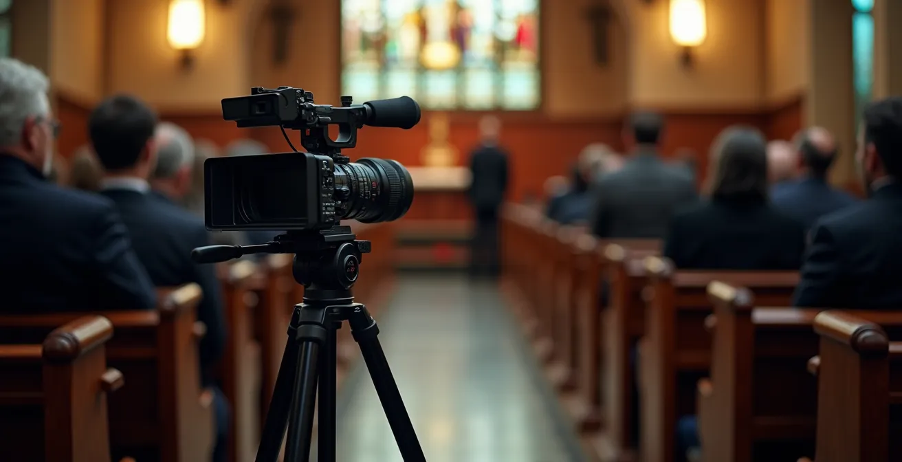 Installation discrète de matériel d'enregistrement vidéo dans une chapelle funéraire avec caméra sur trépied