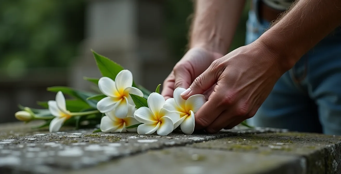 Mains humaines déposant délicatement des fleurs fraîches sur une tombe ancienne