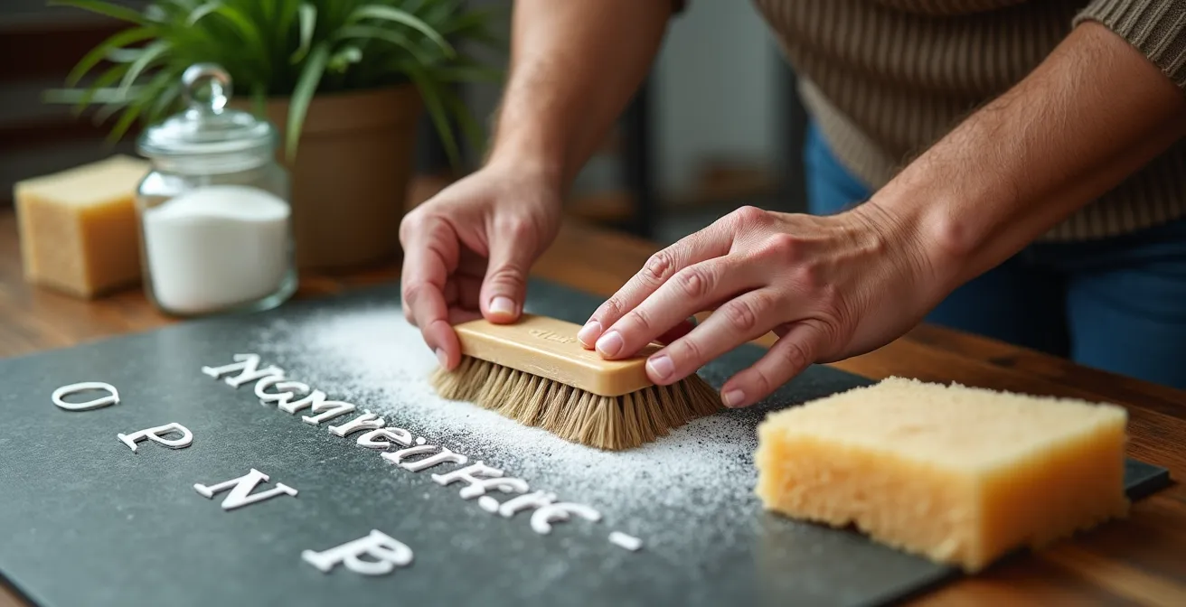 Mains expertes nettoyant délicatement une surface de granit avec des produits d'entretien naturels