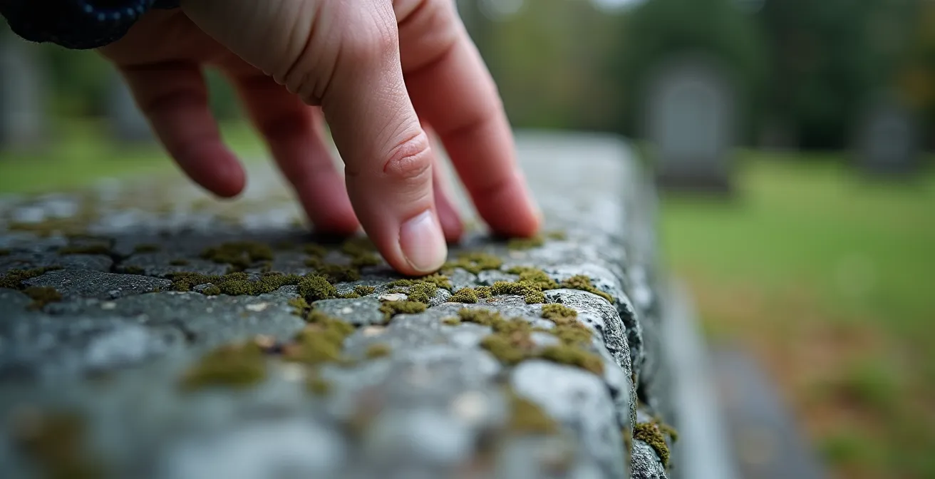 Gros plan sur une main touchant délicatement la pierre froide d'une tombe ancienne recouverte de mousse