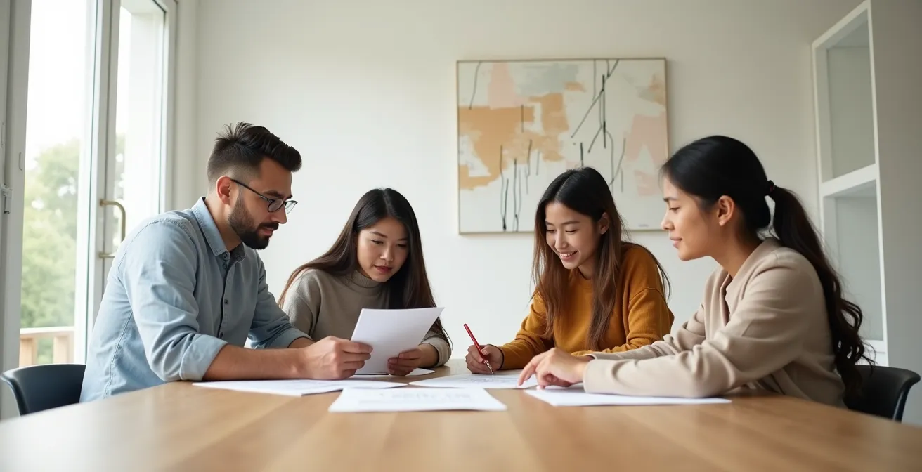 Famille examinant attentivement des documents dans un environnement lumineux