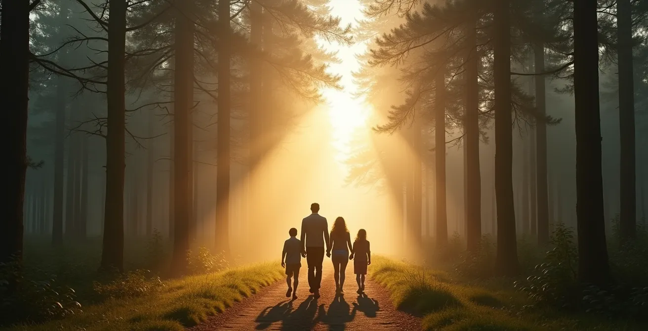 Famille marchant ensemble dans une forêt apaisante lors d'une escapade de respiration