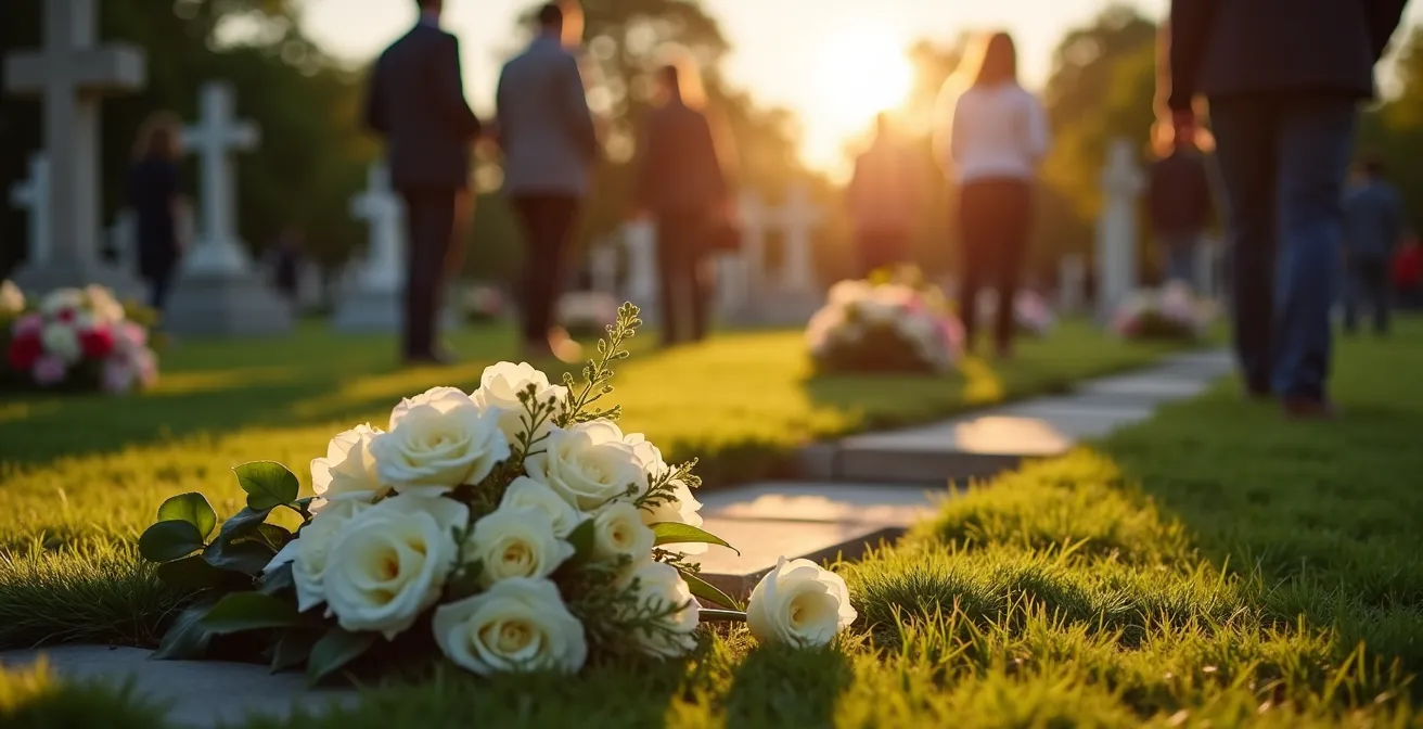 Famille en recueillement autour d'une tombe fleurie après une cérémonie funéraire