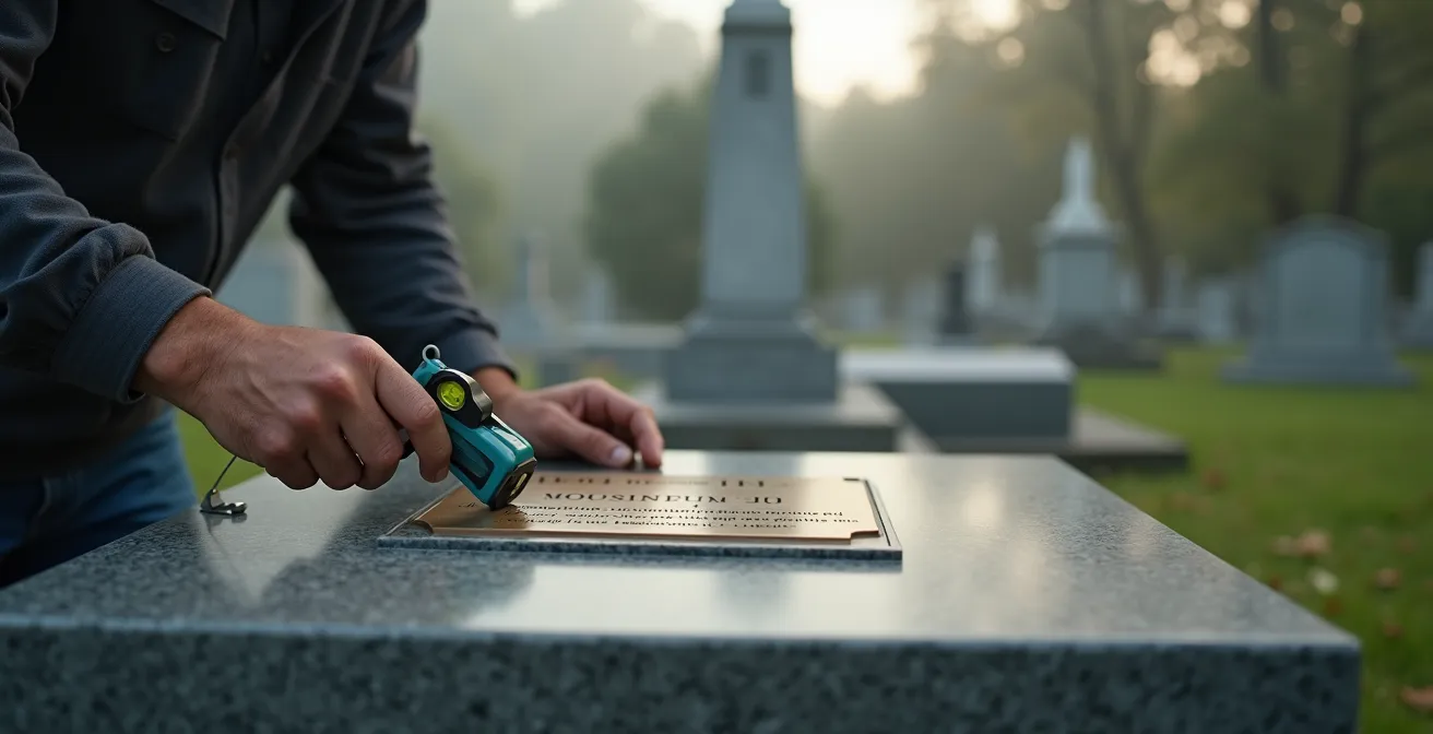 Mains d'artisan installant délicatement une plaque funéraire sur un monument avec des outils spécialisés