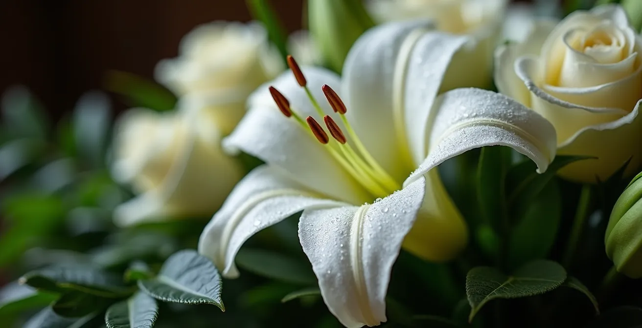 Gerbe de fleurs funéraire traditionnelle avec roses blanches et feuillage