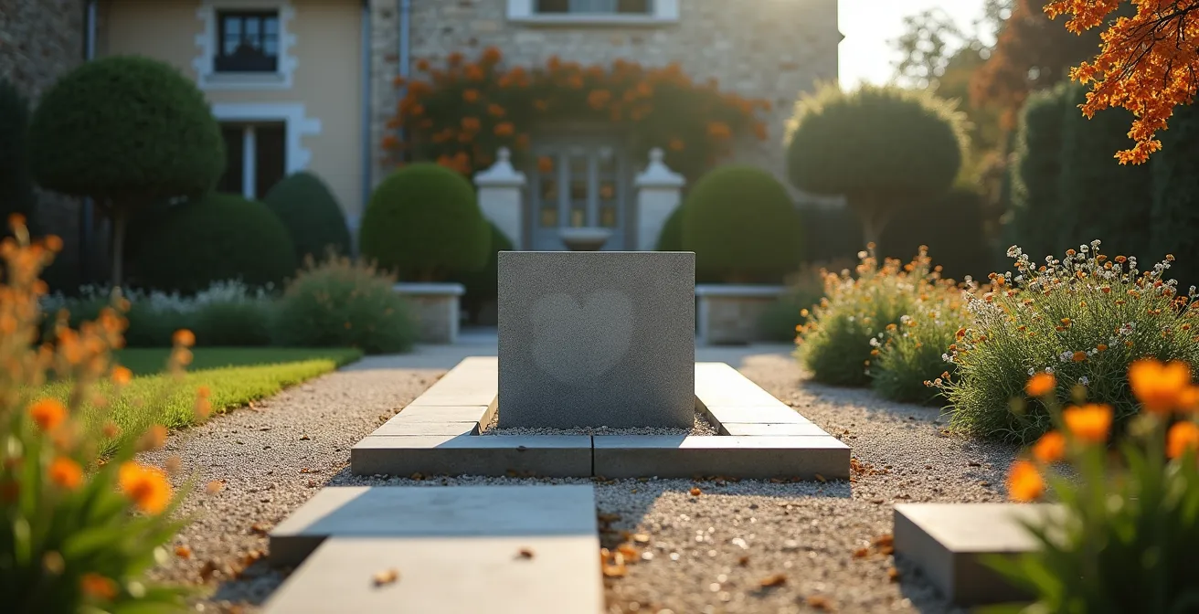 Jardin du souvenir avec fleurs épanouies contrastant avec un monument figé, illustrant la différence entre résignation et acceptation