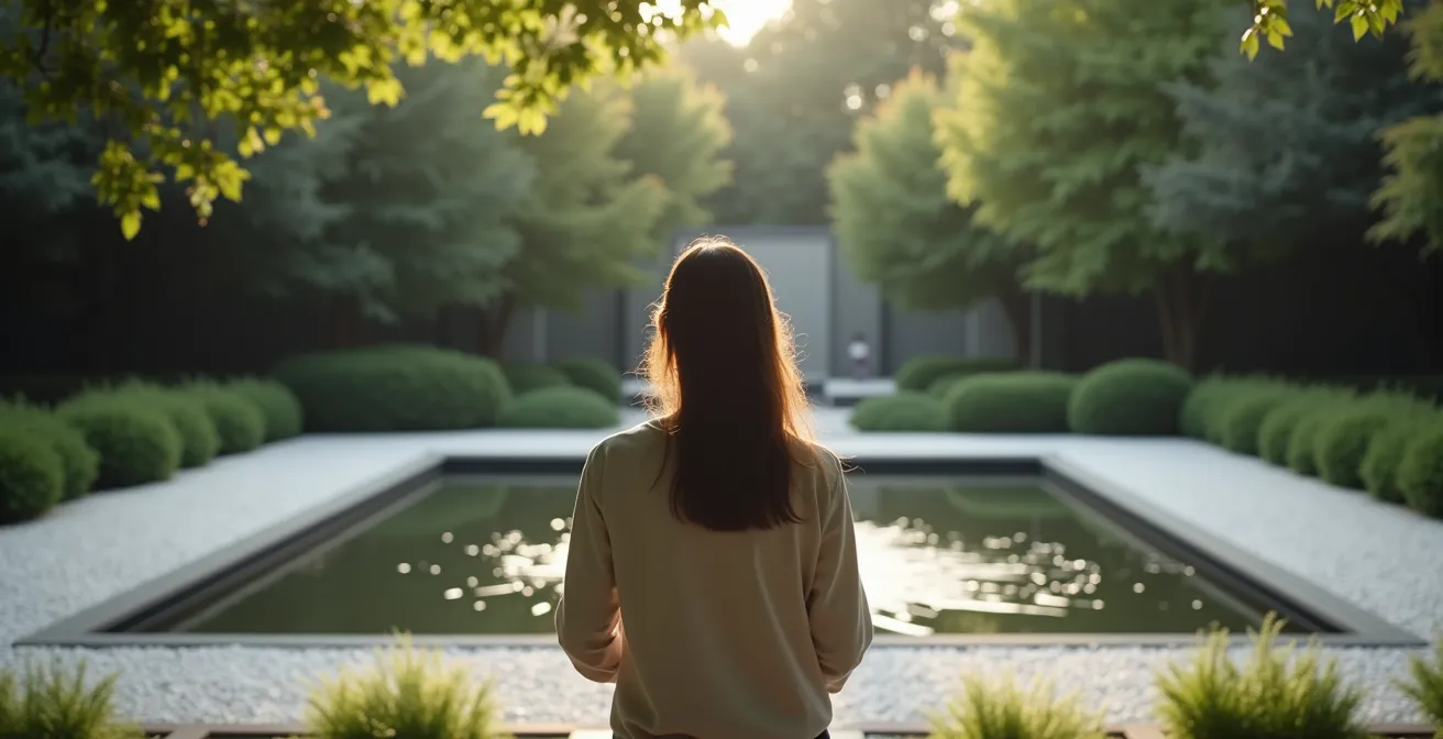 Espace de recueillement collectif dans un jardin du souvenir français avec galets blancs et végétation apaisante