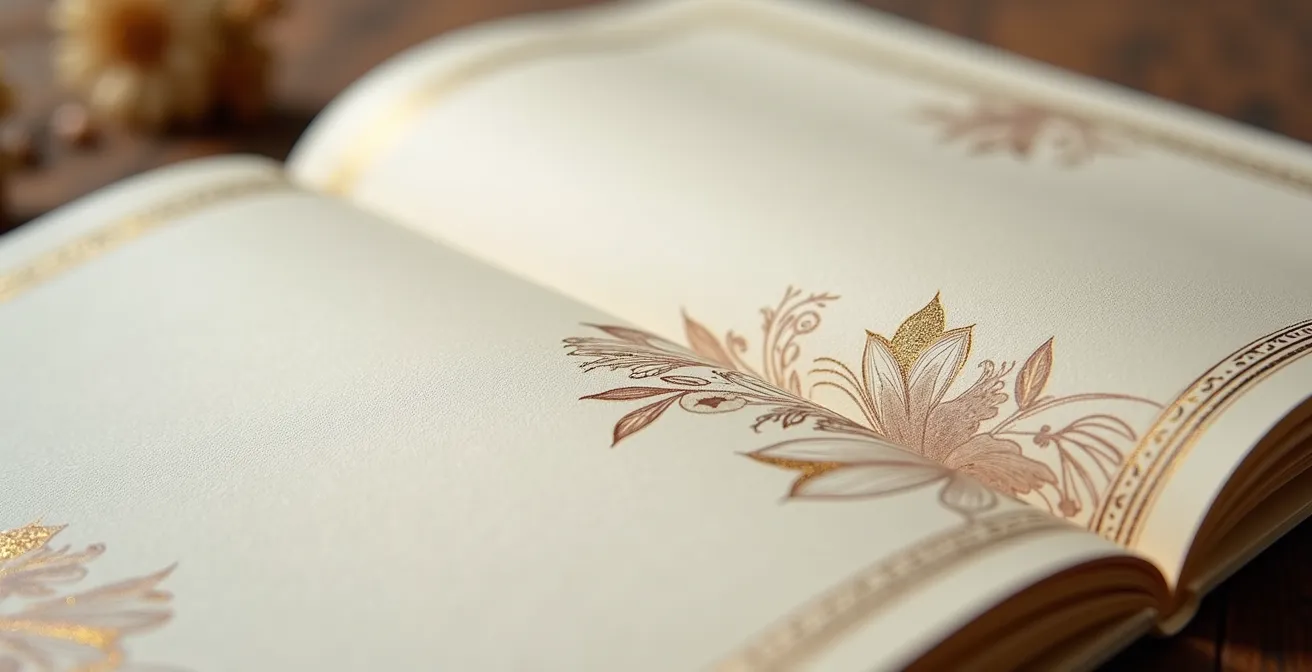 Livret de cérémonie ouvert montrant une mise en page élégante avec photos et cadres décoratifs