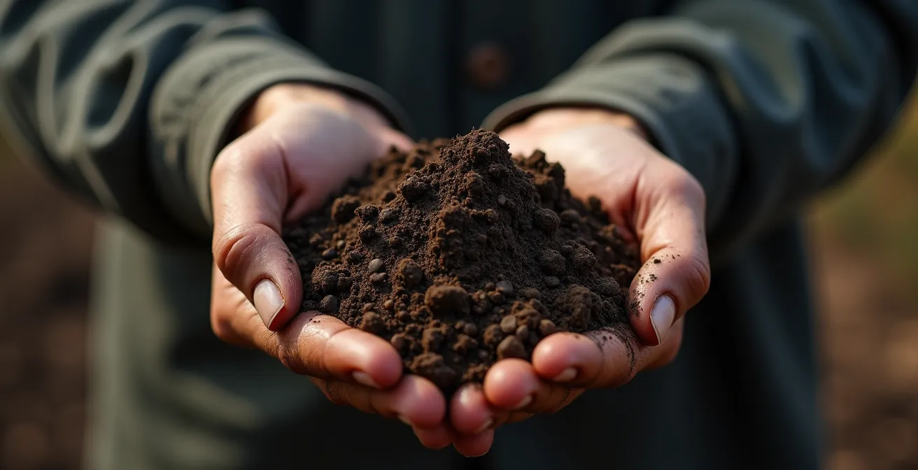 Gros plan sur des mains tenant une poignée de terre lors d'une cérémonie funéraire