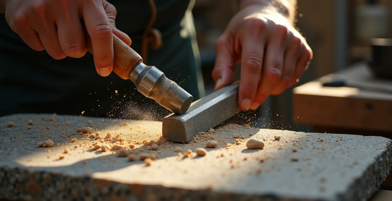 Marbrier sculptant délicatement une pierre tombale dans son atelier