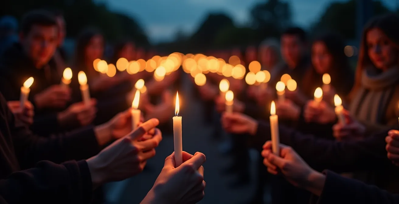 Rassemblement silencieux au crépuscule avec des bougies allumées